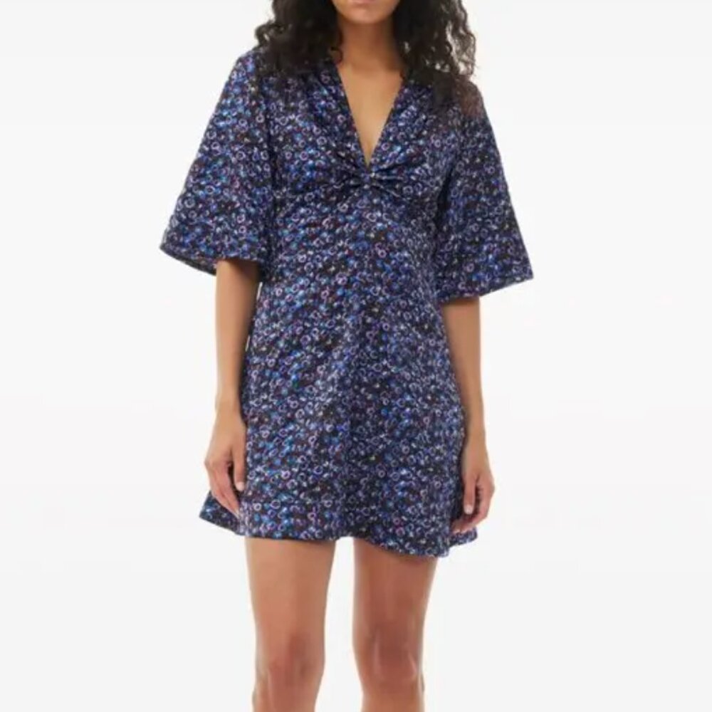 GANNI Floral Crinkled Satin V-neck Mini Dress Blue and Purple 2